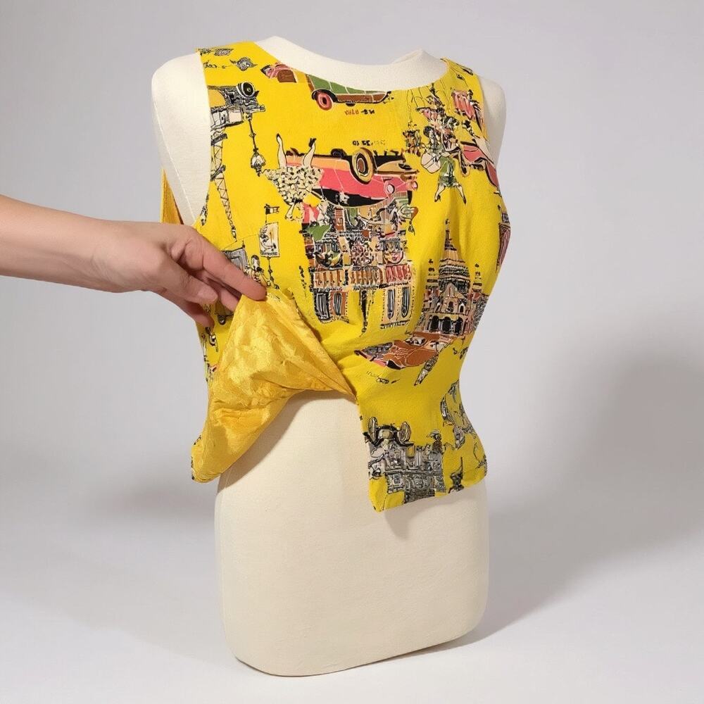 Vintage Criscione 100% Silk Top - Bold Yellow - Art Deco Cityscape - Picture 4 of 6